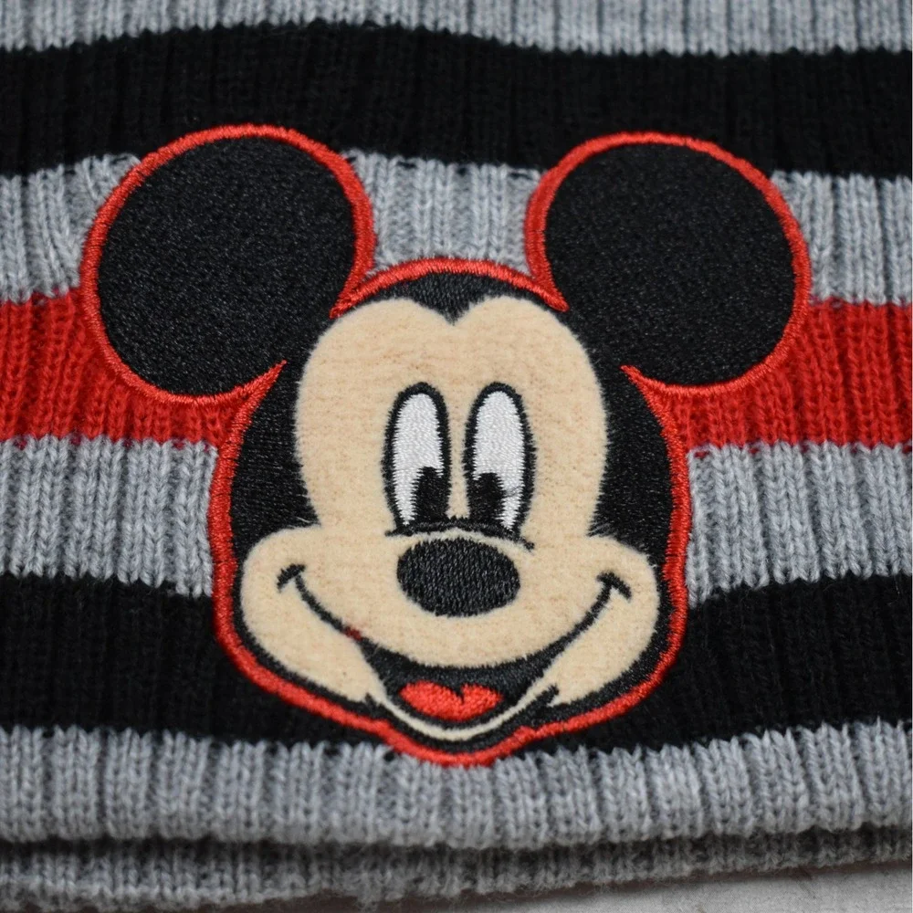 Disney Mickey Mouse Beanie & Mittens Set Boys 2T-5T Gray Red Striped Cozy Winter